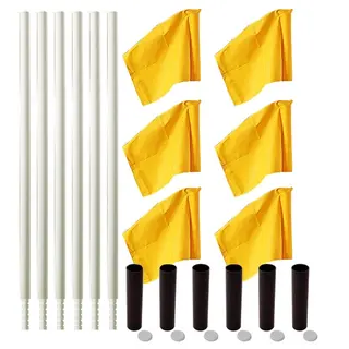 Hjørnestolper fleksible med flagg 6 hvite stolper med gule flagg